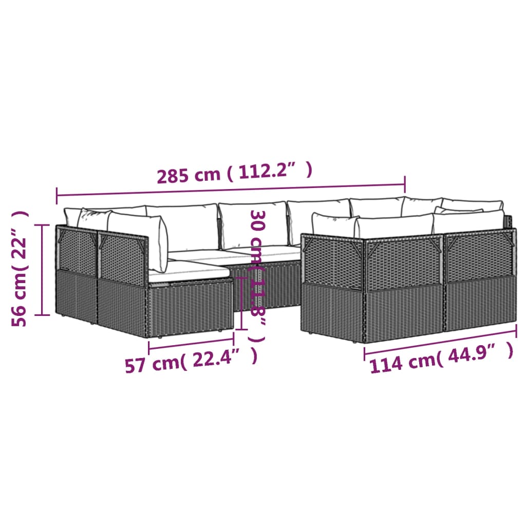 vidaXL 9-tlg. Garten-Lounge-Set mit Kissen Grau Poly Rattan