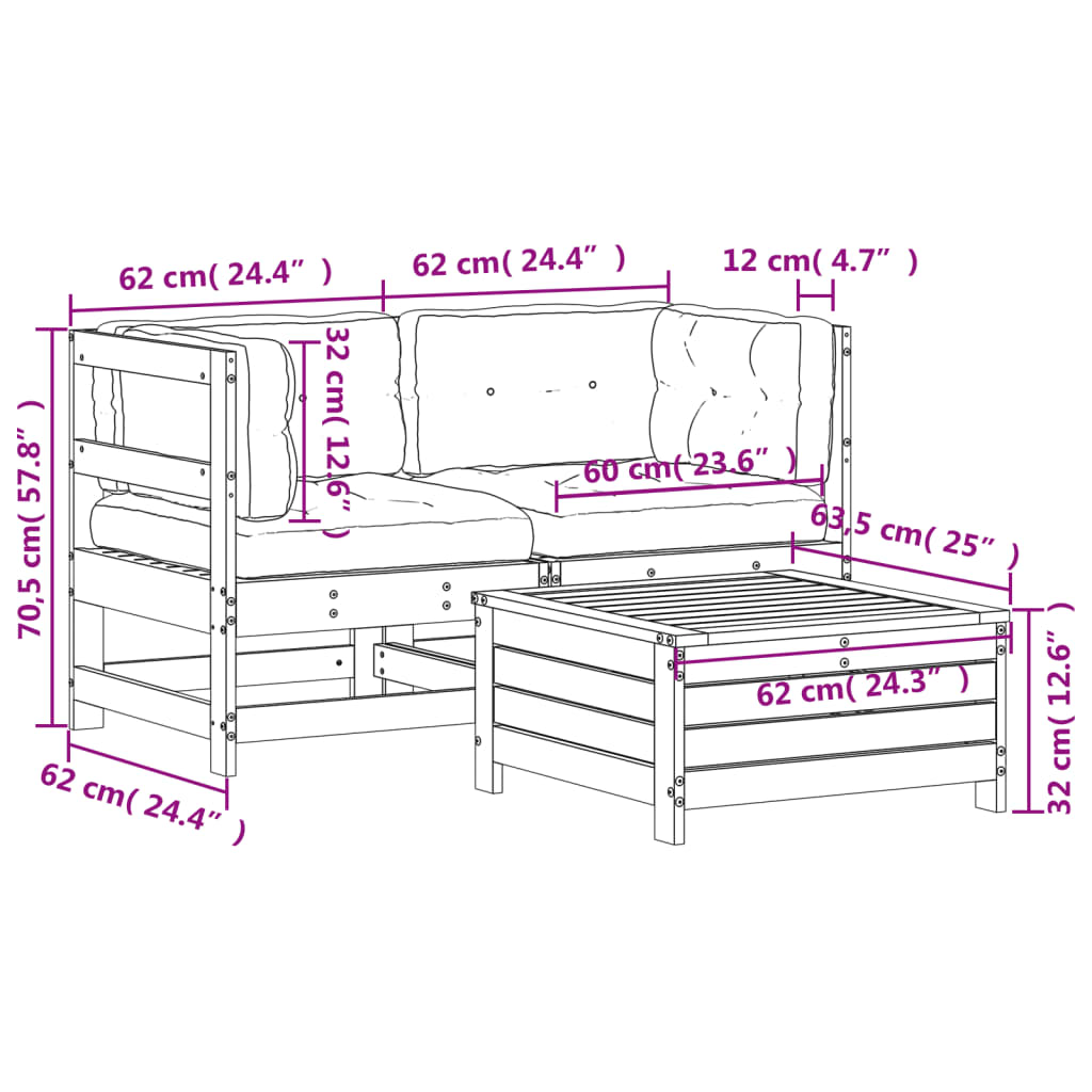 vidaXL 3-tlg. Garten-Lounge-Set mit Kissen Massivholz Douglasie