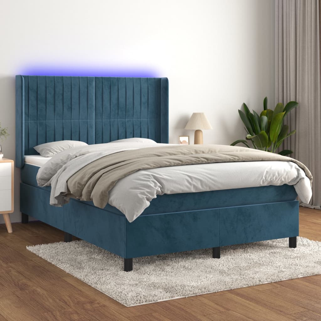 vidaXL Boxspringbett mit Matratze & LED Dunkelblau 140x200 cm Samt