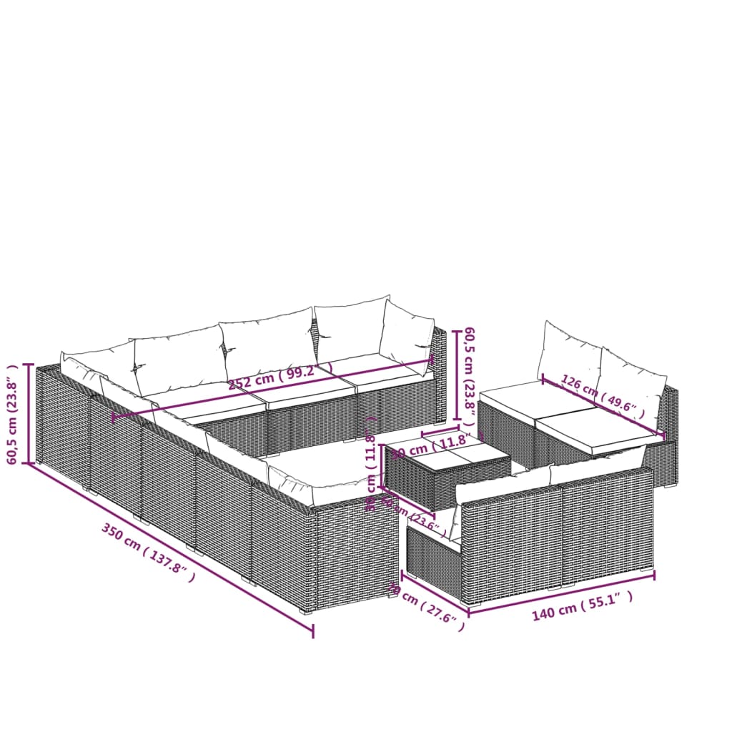 vidaXL 13-tlg. Garten-Lounge-Set mit Kissen Braun Poly Rattan