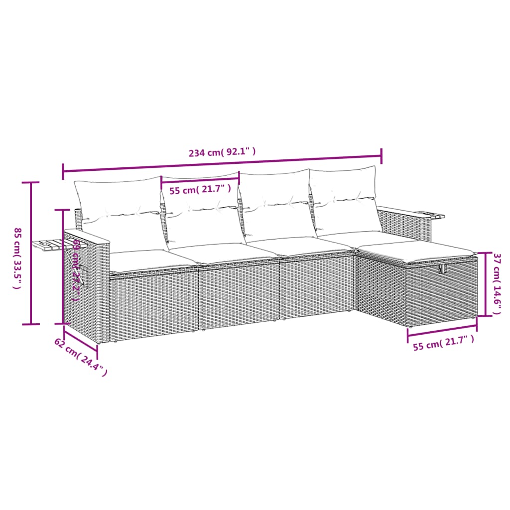 vidaXL 5-tlg. Garten-Sofagarnitur mit Kissen Grau Poly Rattan