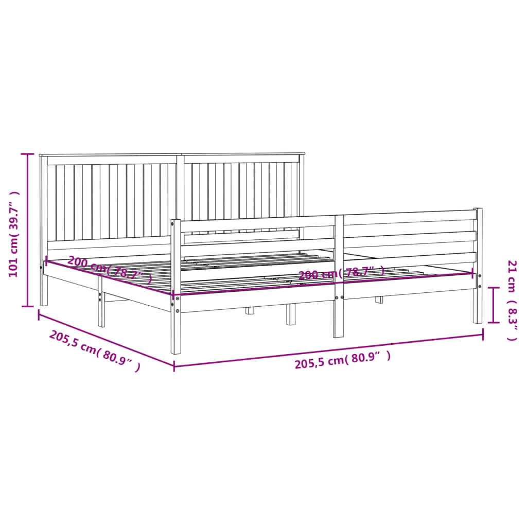 vidaXL Massivholzbett mit Kopfteil Schwarz 200x200 cm