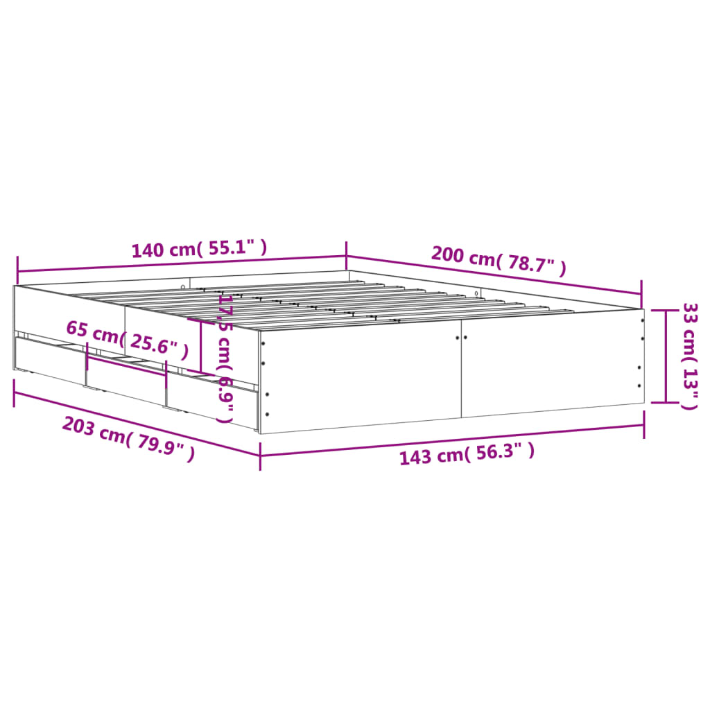 vidaXL Bettgestell mit Schubladen Sonoma-Eiche 140x200cm Holzwerkstoff