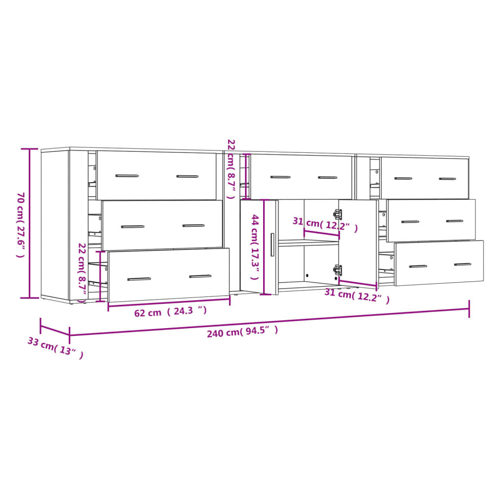 vidaXL Sideboards 3 Stk. Weiß Holzwerkstoff