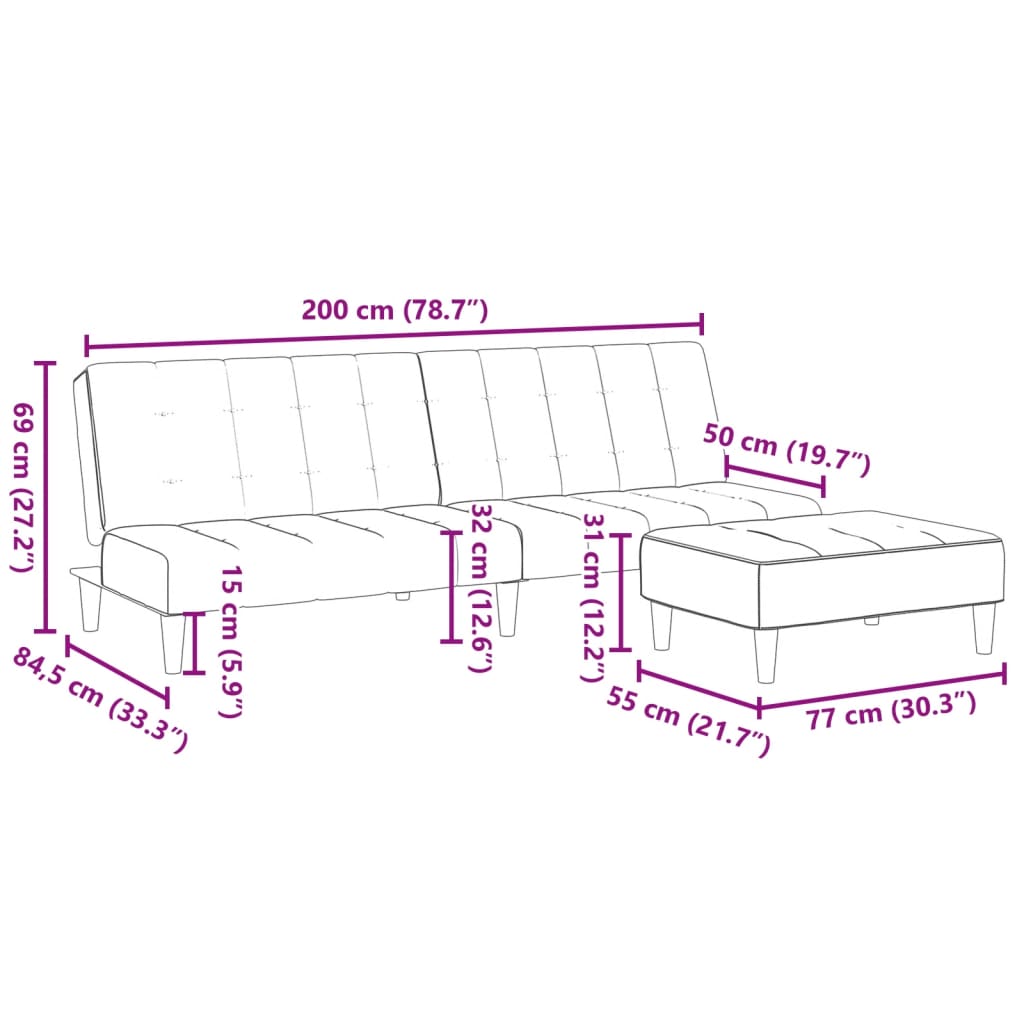 vidaXL Schlafsofa 2-Sitzer mit Fußhocker Schwarz Stoff