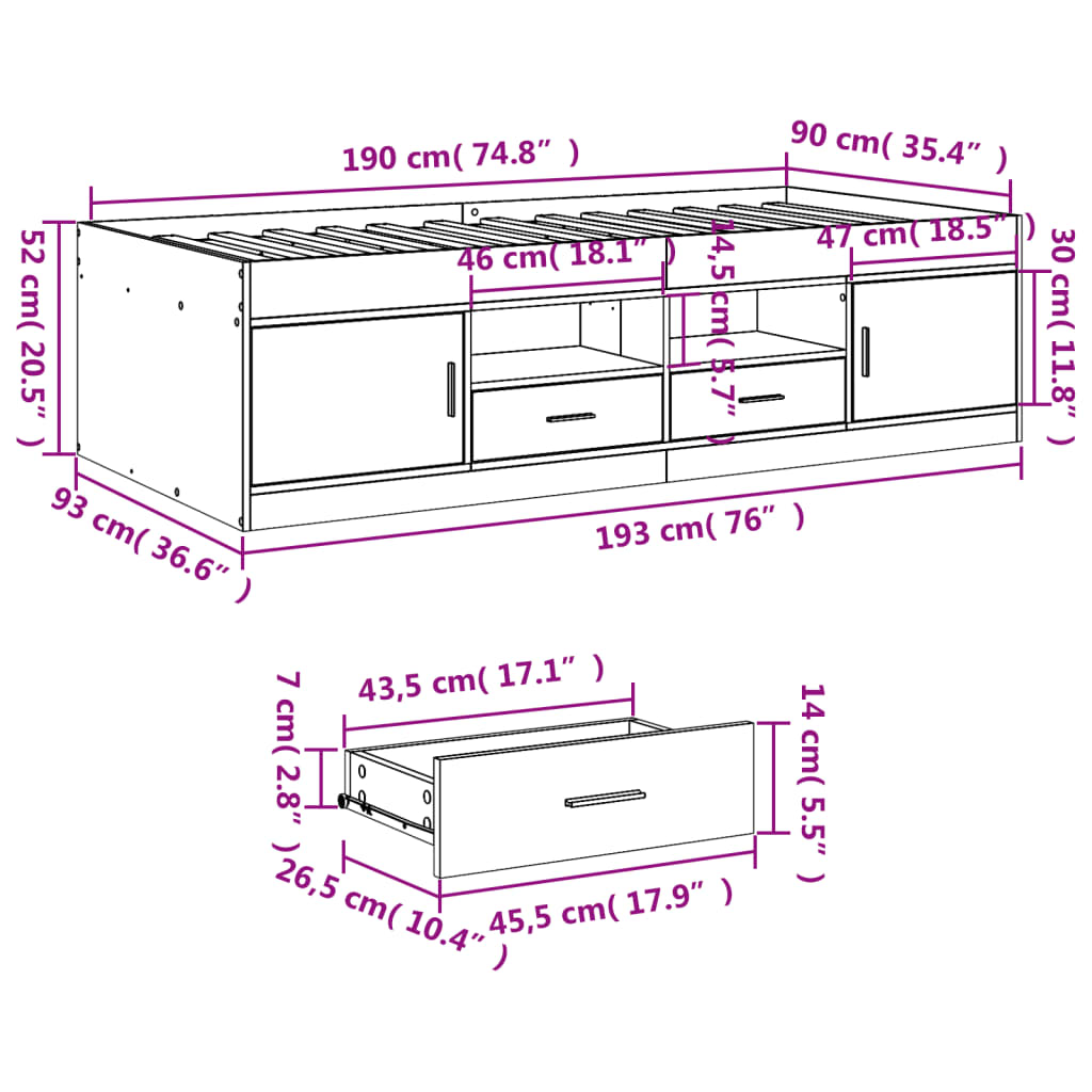 vidaXL Tagesbett mit Schubladen ohne Matratze Sonoma-Eiche 90x190 cm