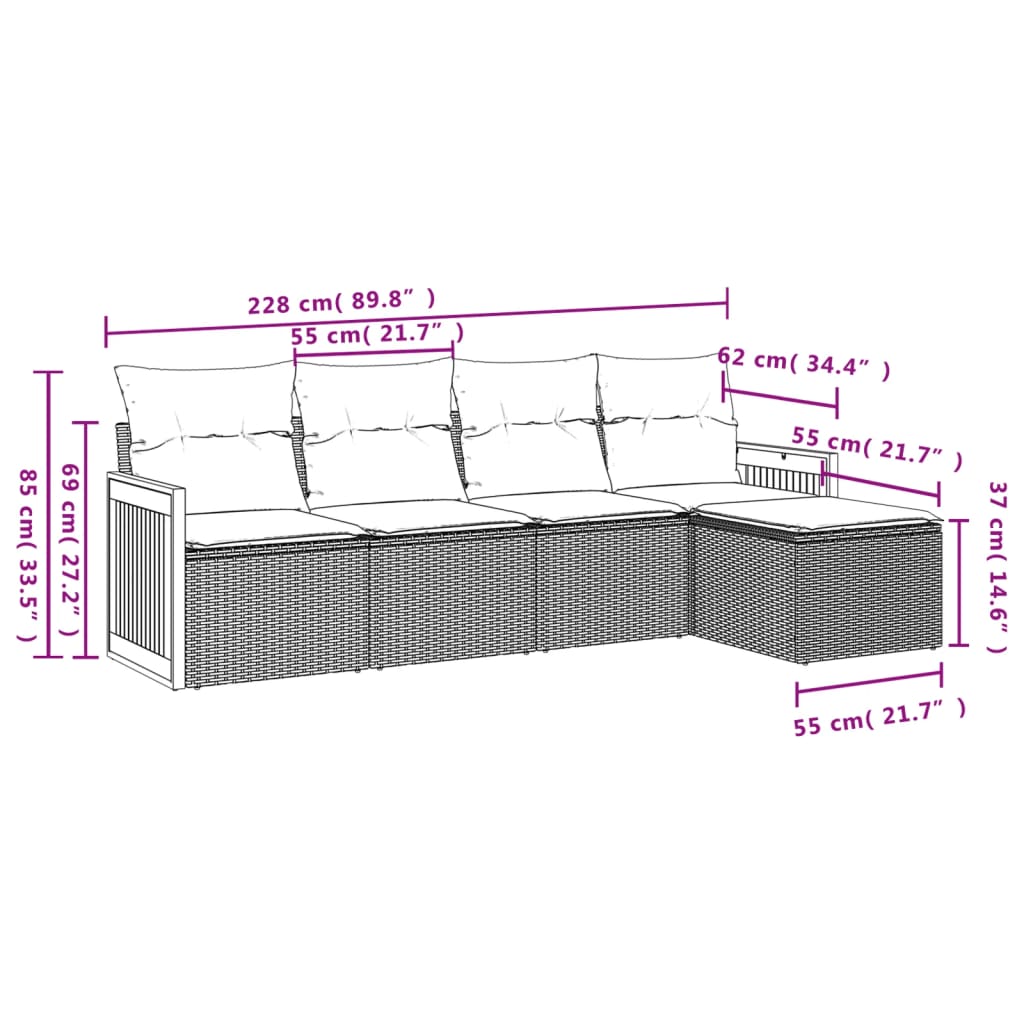 vidaXL 5-tlg. Garten-Sofagarnitur mit Kissen Schwarz Poly Rattan