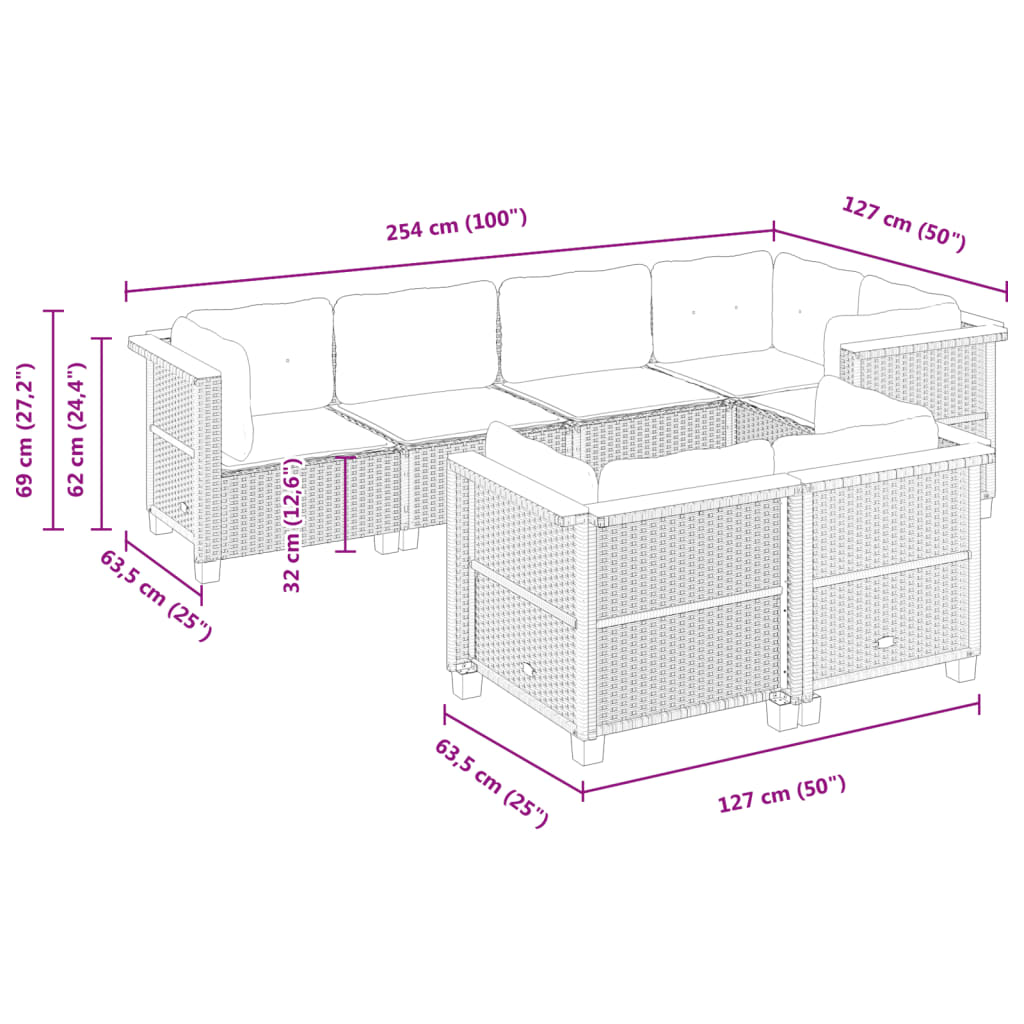 vidaXL 7-tlg. Garten-Sofagarnitur mit Kissen Grau Poly Rattan