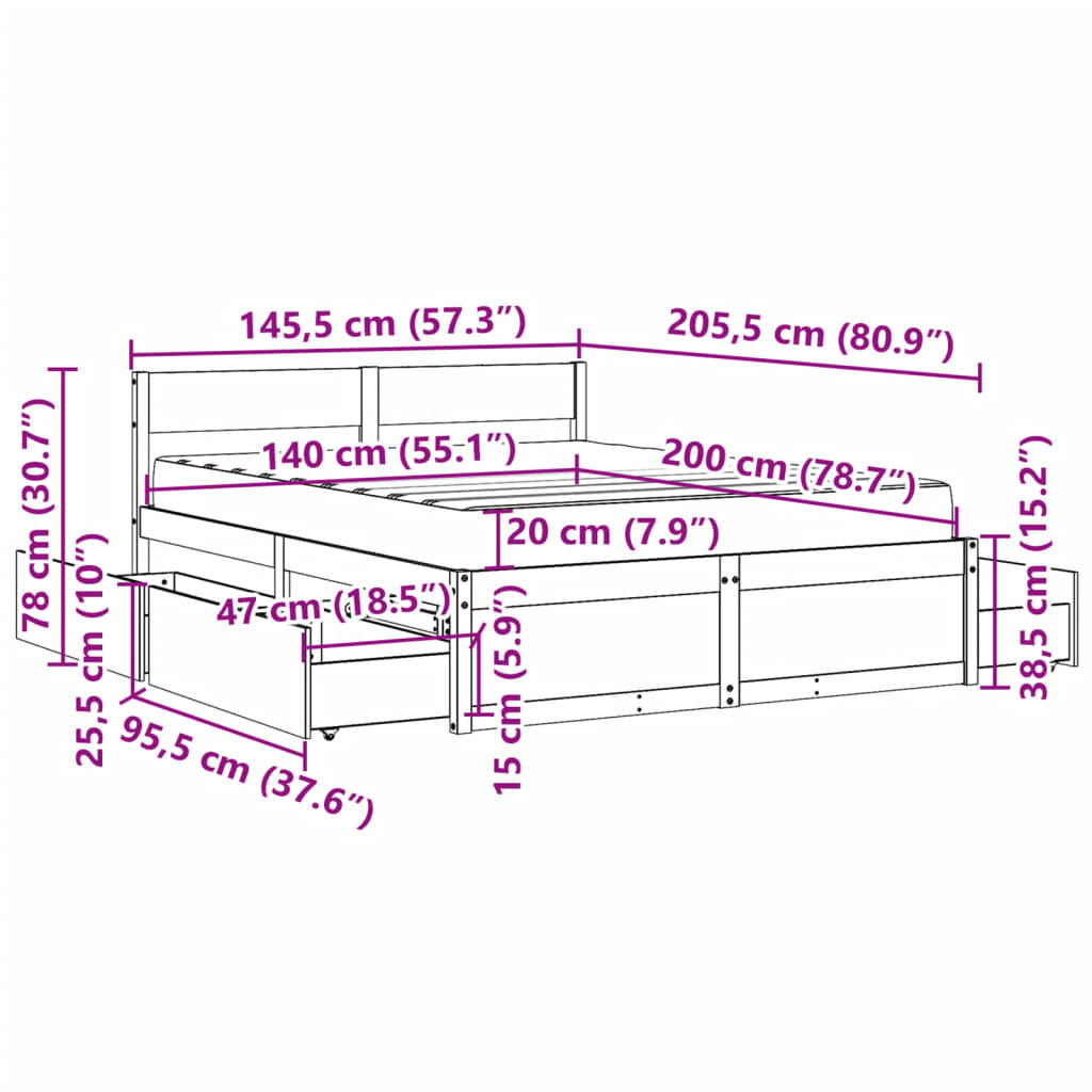 vidaXL Bett mit Schubladen und Matratze Weiß 140x200 cm Massivholz