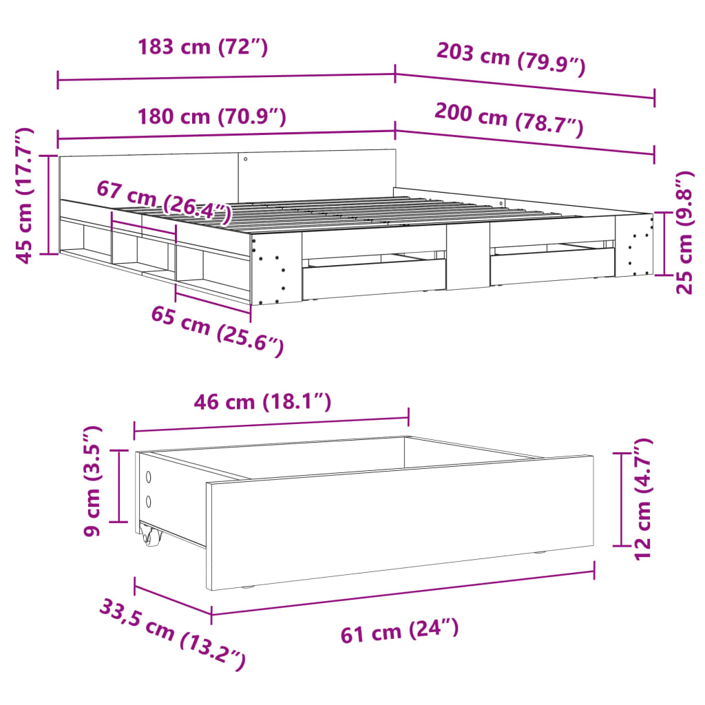 vidaXL Bettgestell mit Schubladen Sonoma-Eiche 180x200cm Holzwerkstoff