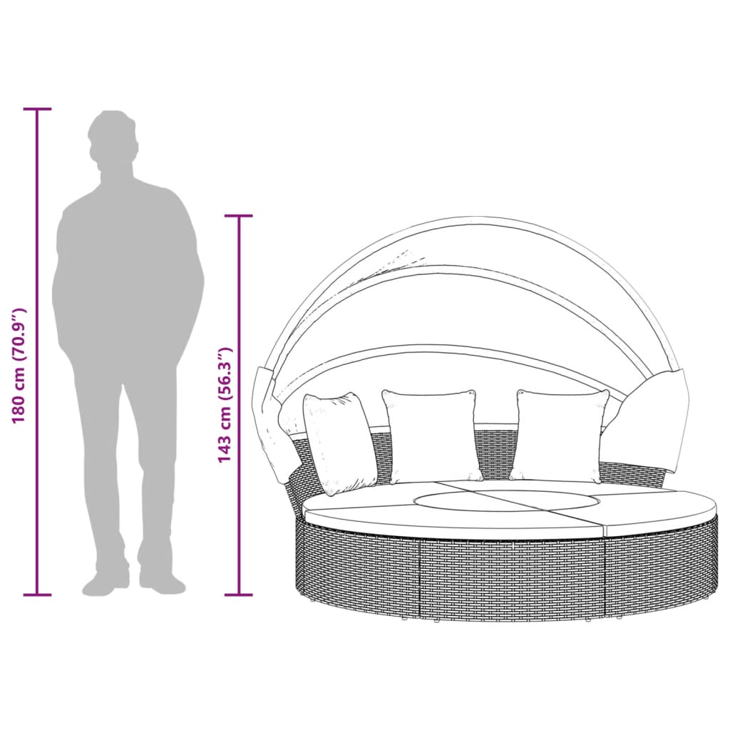 vidaXL Sonneninsel mit Dach und Kissen Braun Poly Rattan