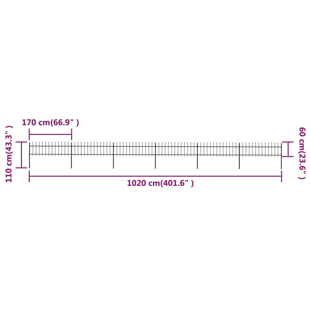 vidaXL Gartenzaun mit Speerspitzen Stahl 10,2 x 0,6 m Schwarz