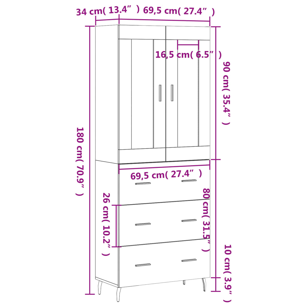 vidaXL Highboard Betongrau 69,5x34x180 cm Holzwerkstoff