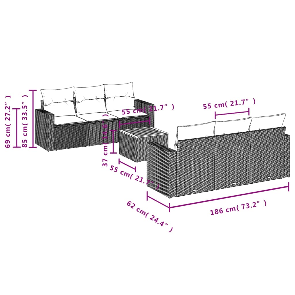 vidaXL 7-tlg. Garten-Sofagarnitur mit Kissen Grau Poly Rattan