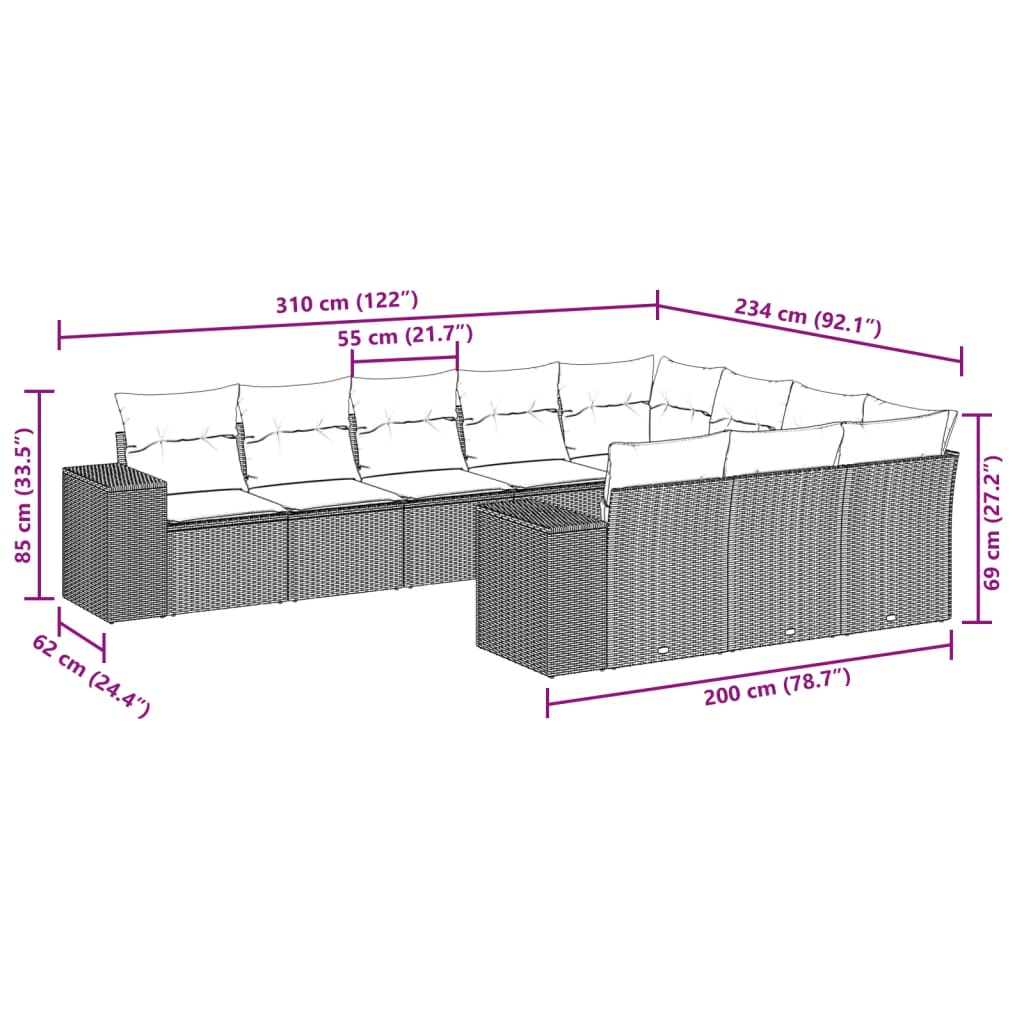 vidaXL 10-tlg. Garten-Sofagarnitur mit Kissen Grau Poly Rattan