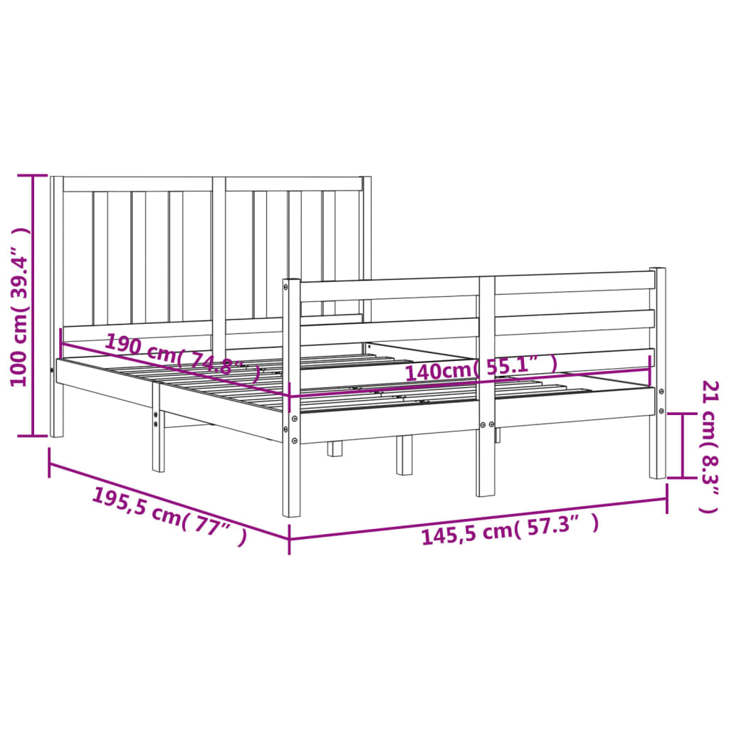 vidaXL Massivholzbett mit Kopfteil Grau 140x190 cm