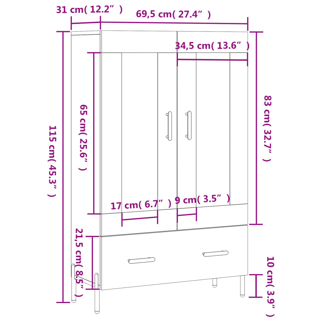 vidaXL Highboard Räuchereiche 69,5x31x115 cm Holzwerkstoff