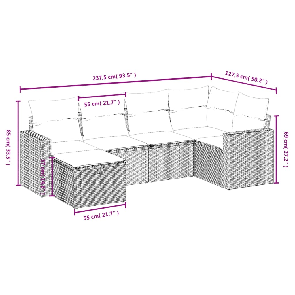 vidaXL 6-tlg. Garten-Sofagarnitur mit Kissen Grau Poly Rattan