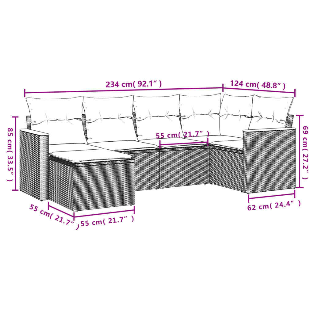 vidaXL 6-tlg. Garten-Sofagarnitur mit Kissen Schwarz Poly Rattan