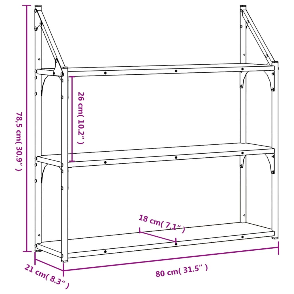 vidaXL Wandregal 3 Fächer Braun Eiche-Optik 80x21x78,5cm Holzwerkstoff