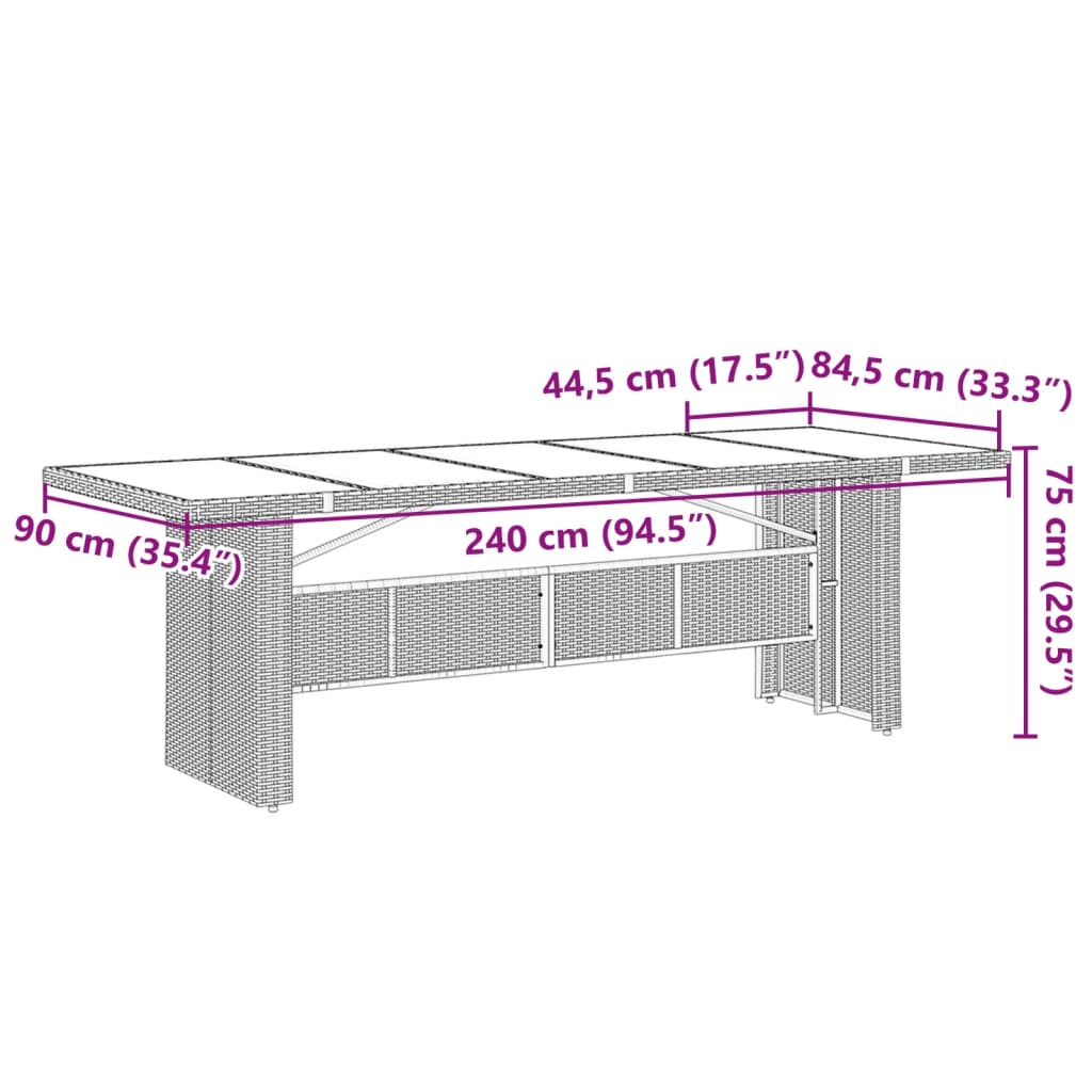 vidaXL Gartentisch mit Glasplatte Schwarz 240x90x75 cm Poly Rattan