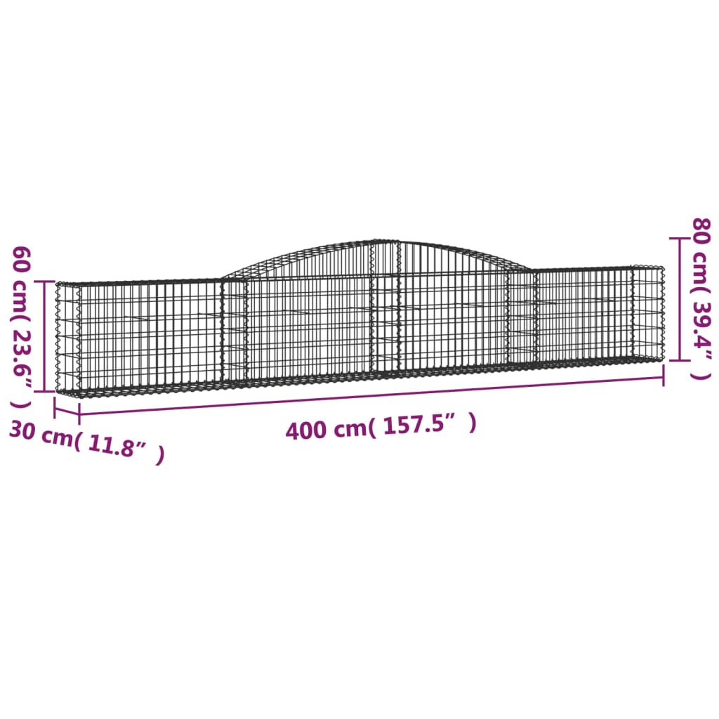 vidaXL Gabionen mit Hochbogen 7 Stk. 400x30x60/80 cm Verzinktes Eisen