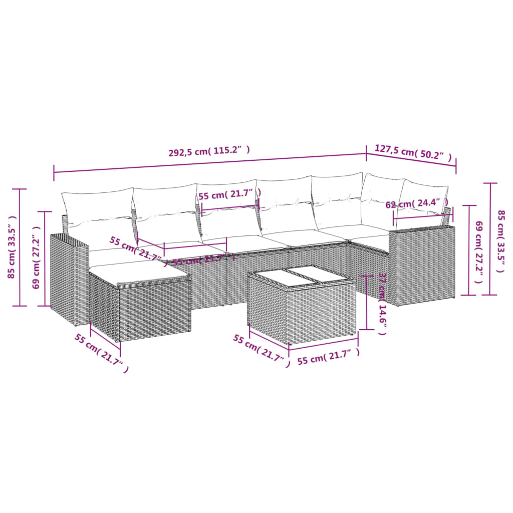 vidaXL 8-tlg. Garten-Sofagarnitur mit Kissen Schwarz Poly Rattan