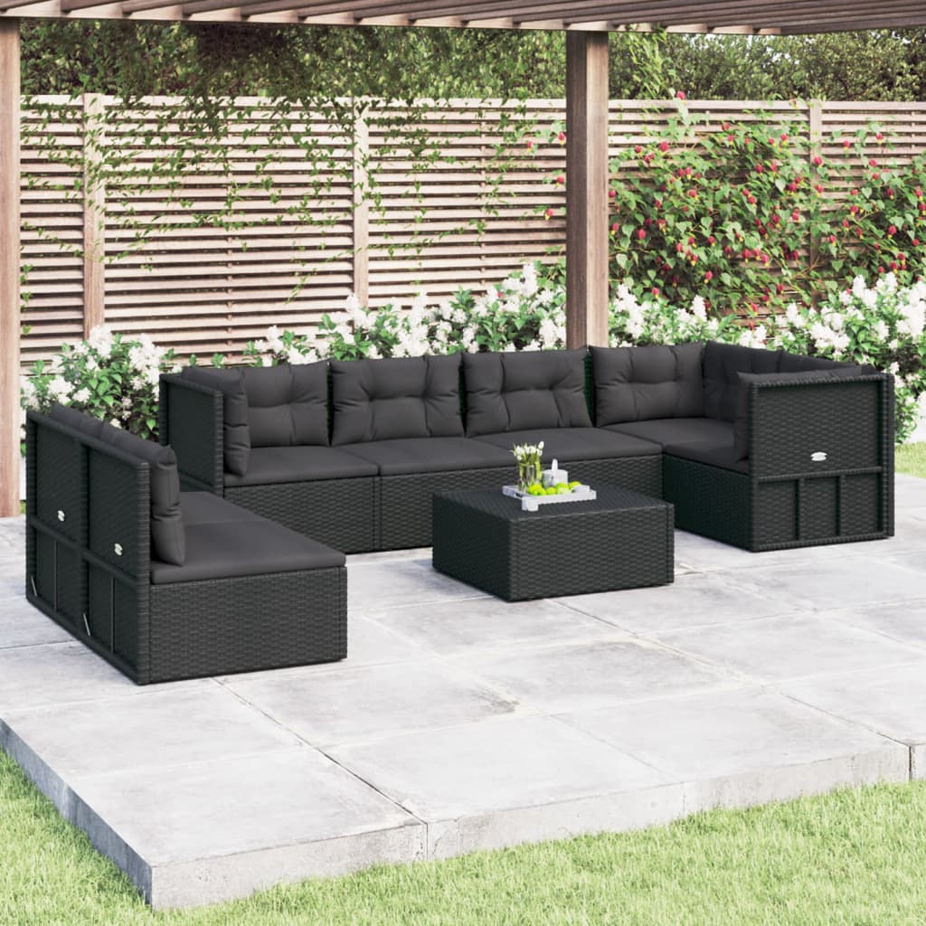 vidaXL 7-tlg. Garten-Lounge-Set mit Kissen Schwarz Poly Rattan