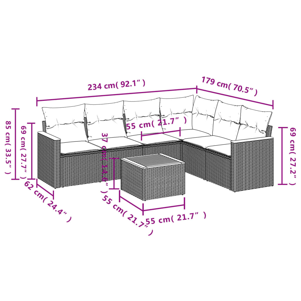 vidaXL 7-tlg. Garten-Sofagarnitur mit Kissen Schwarz Poly Rattan