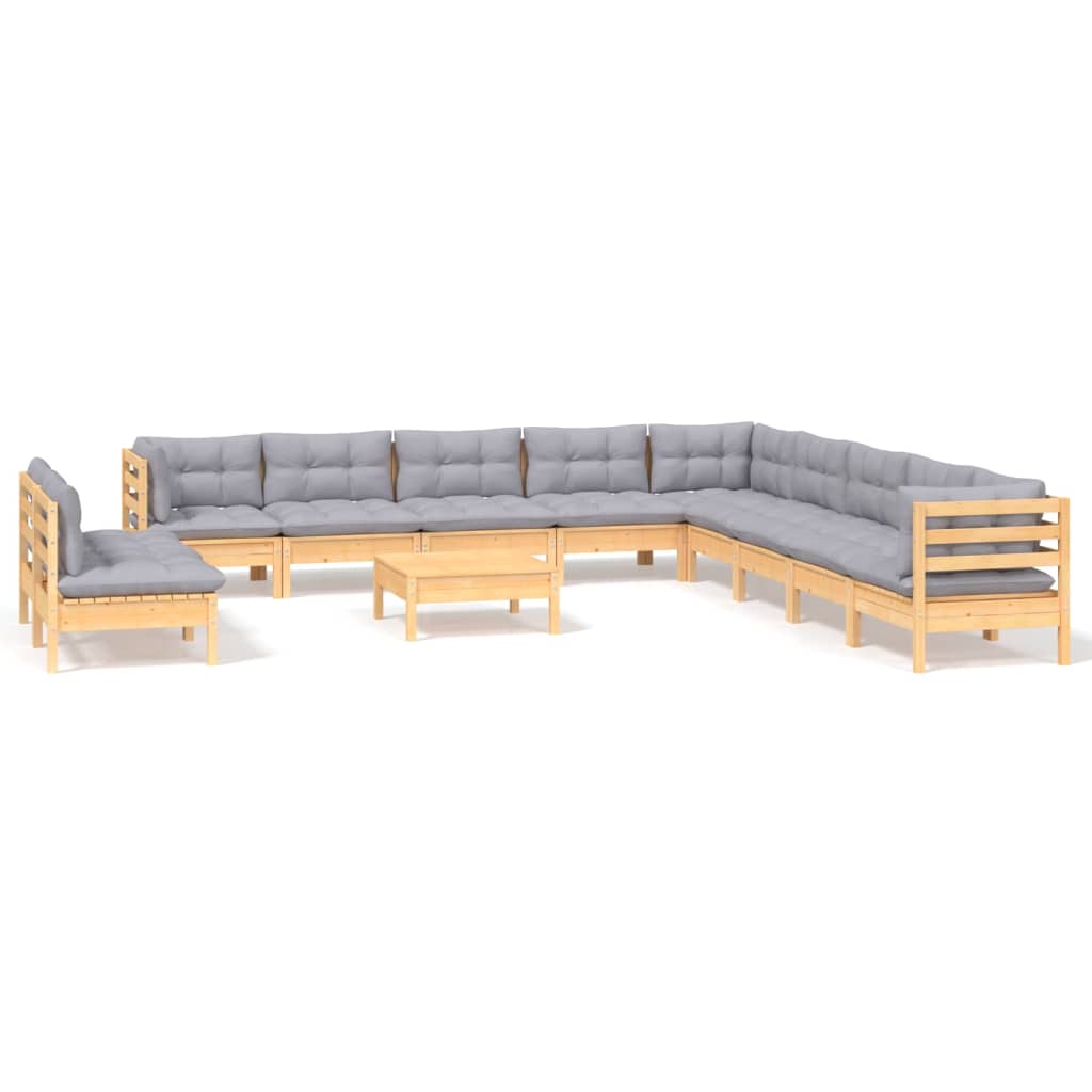 vidaXL 12-tlg. Garten-Lounge-Set mit Grauen Kissen Massivholz Kiefer