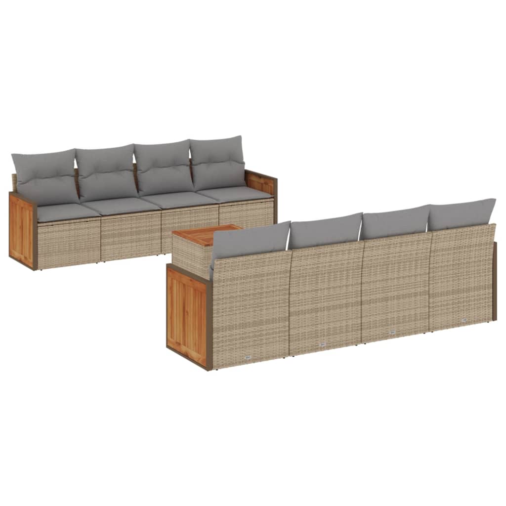 vidaXL 9-tlg. Garten-Sofagarnitur mit Kissen Beige Poly Rattan