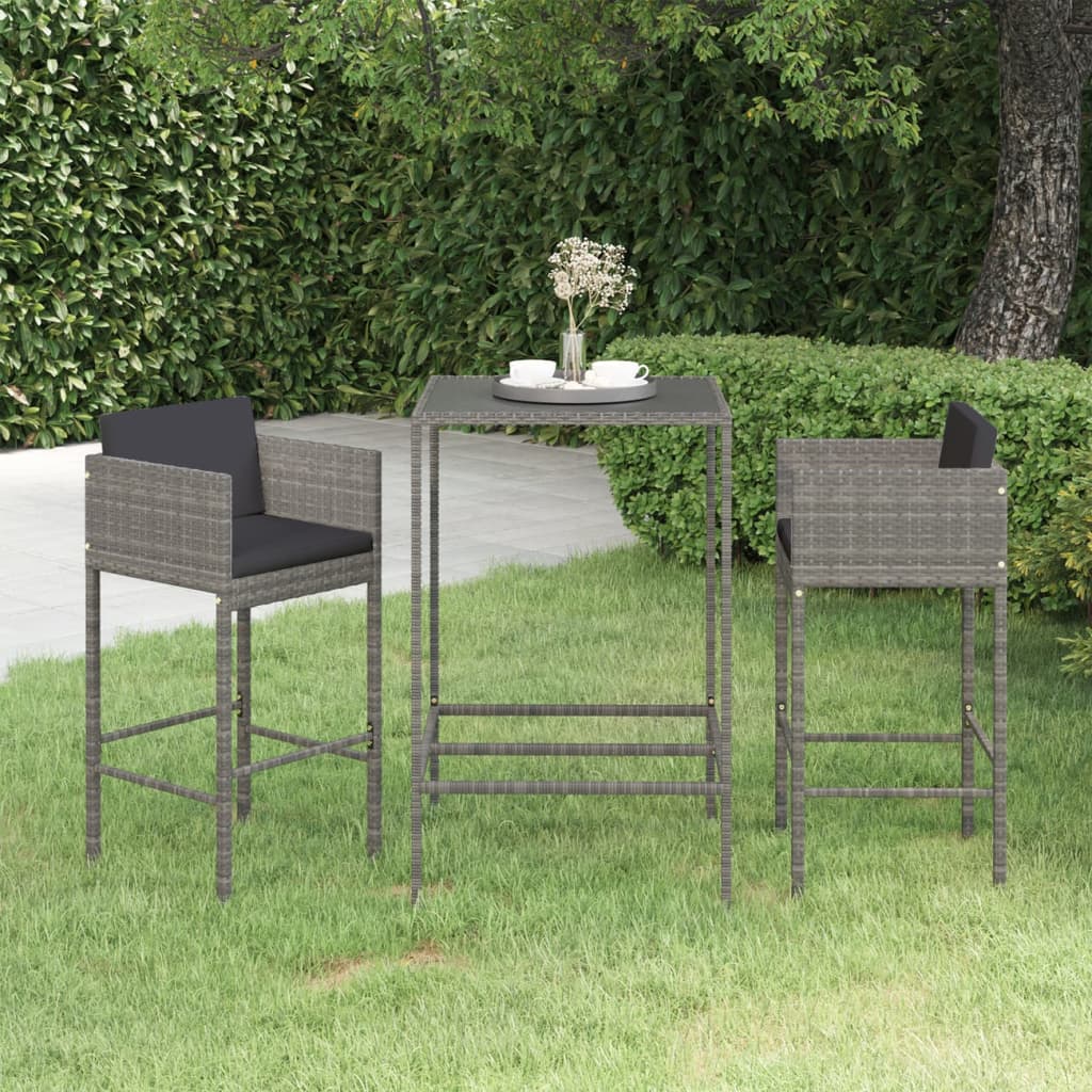 vidaXL 3-tlg. Gartenbar-Set mit Kissen Poly Rattan Grau