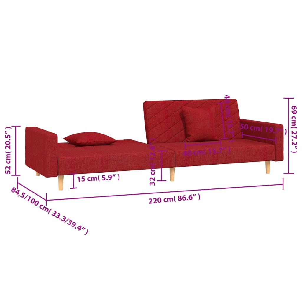 vidaXL Schlafsofa 2-Sitzer mit 2 Kissen Weinrot Stoff