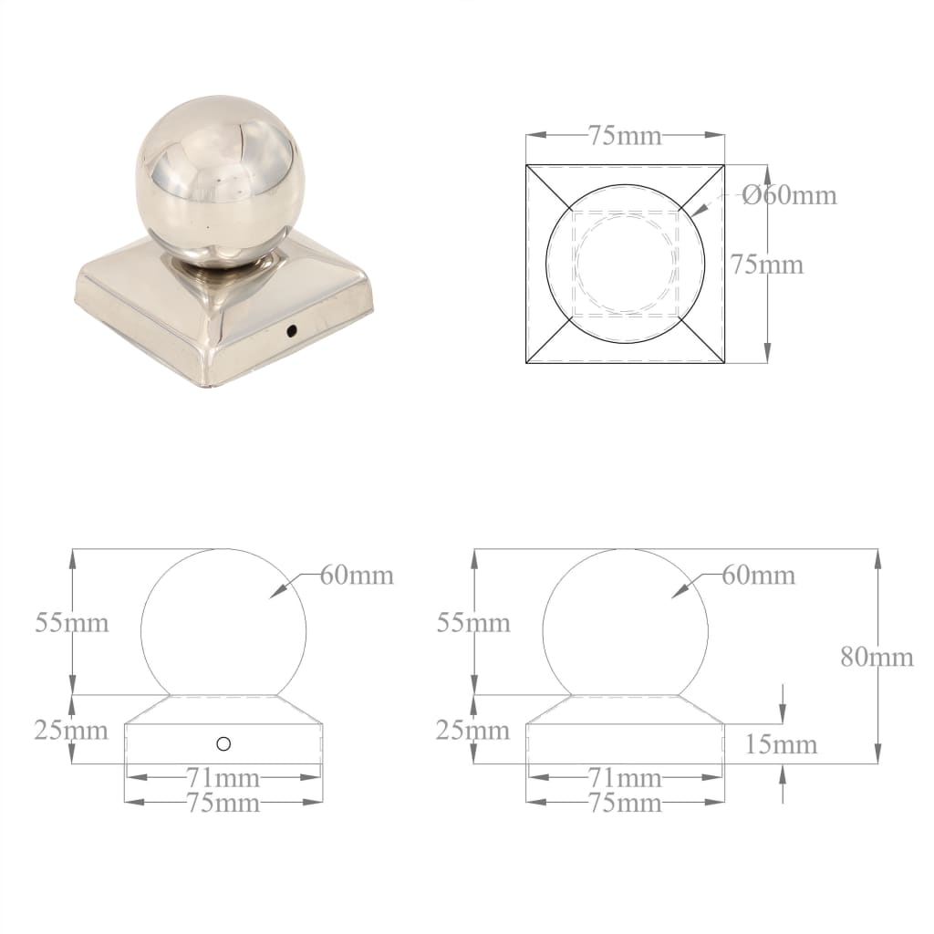 vidaXL Pfostenkappen 6 Stk. Kugelform Edelstahl 71 x 71 mm