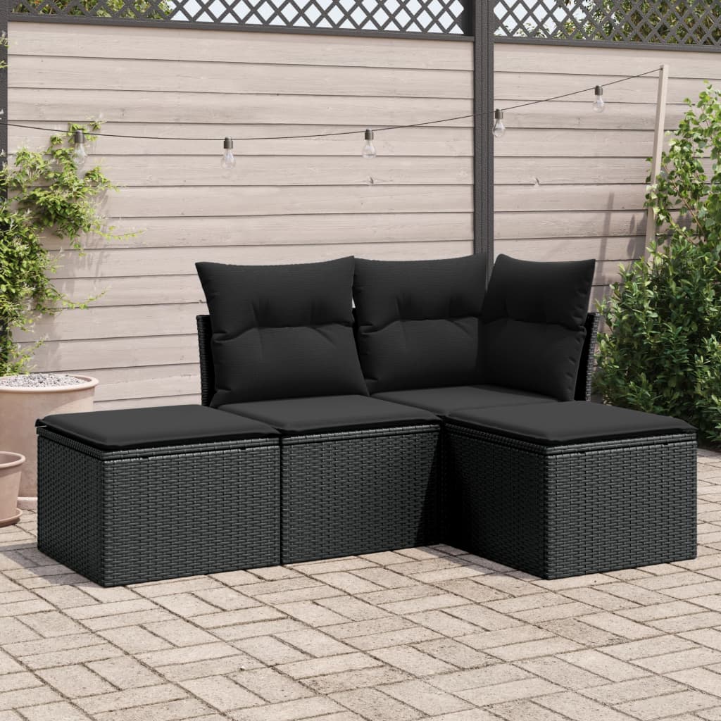 vidaXL 4-tlg. Garten-Sofagarnitur mit Kissen Schwarz Poly Rattan