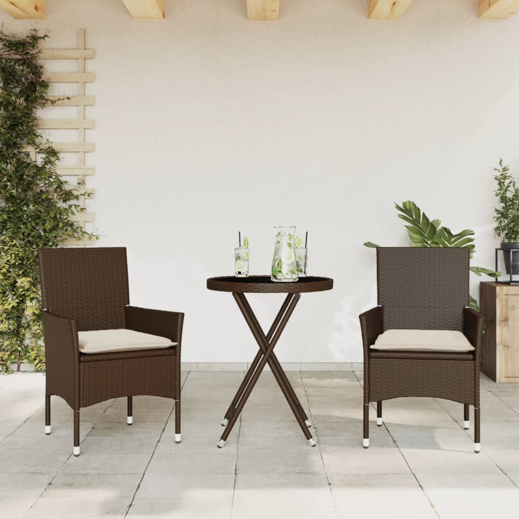 vidaXL 3-tlg. Bistro-Set mit Kissen Braun Poly Rattan und Glas