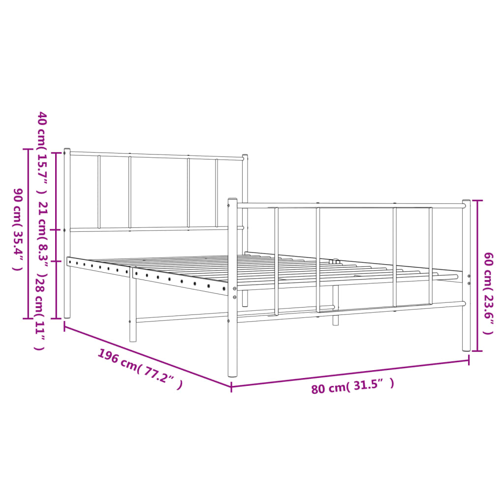 vidaXL Bettgestell mit Kopf- und Fußteil Metall Schwarz 75x190 cm