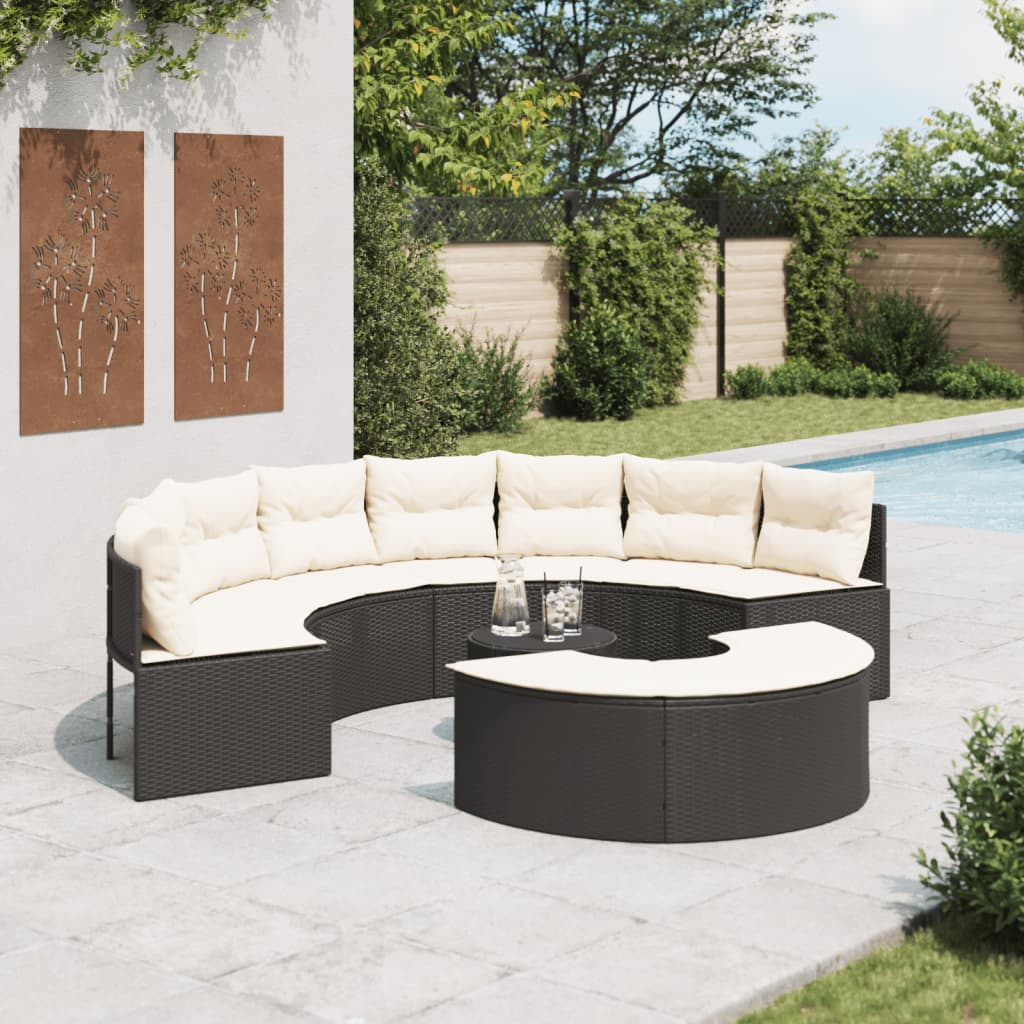 vidaXL 3-tlg. Garten-Sofagarnitur Halbrund Schwarz Poly-Rattan