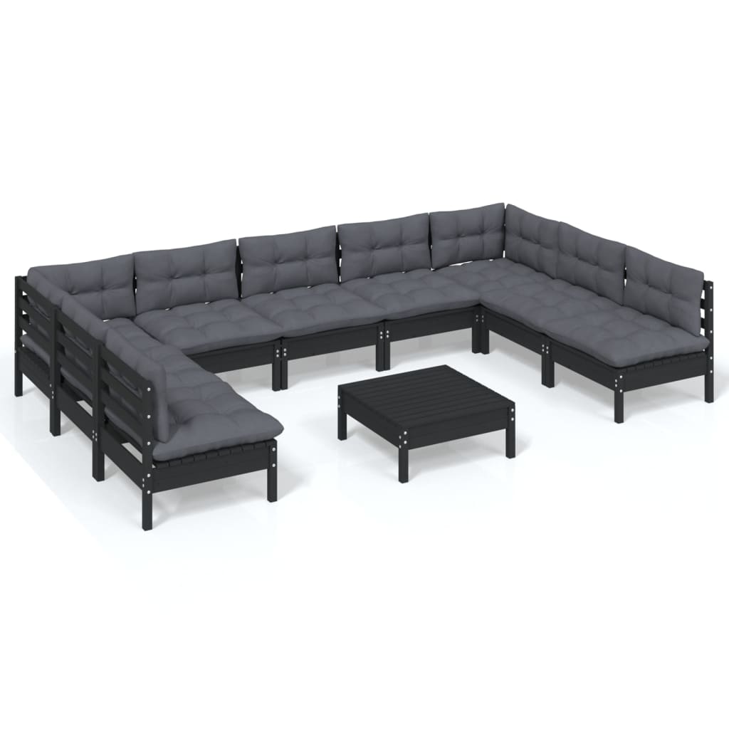 vidaXL 10-tlg. Garten-Lounge-Set mit Kissen Schwarz Massivholz Kiefer