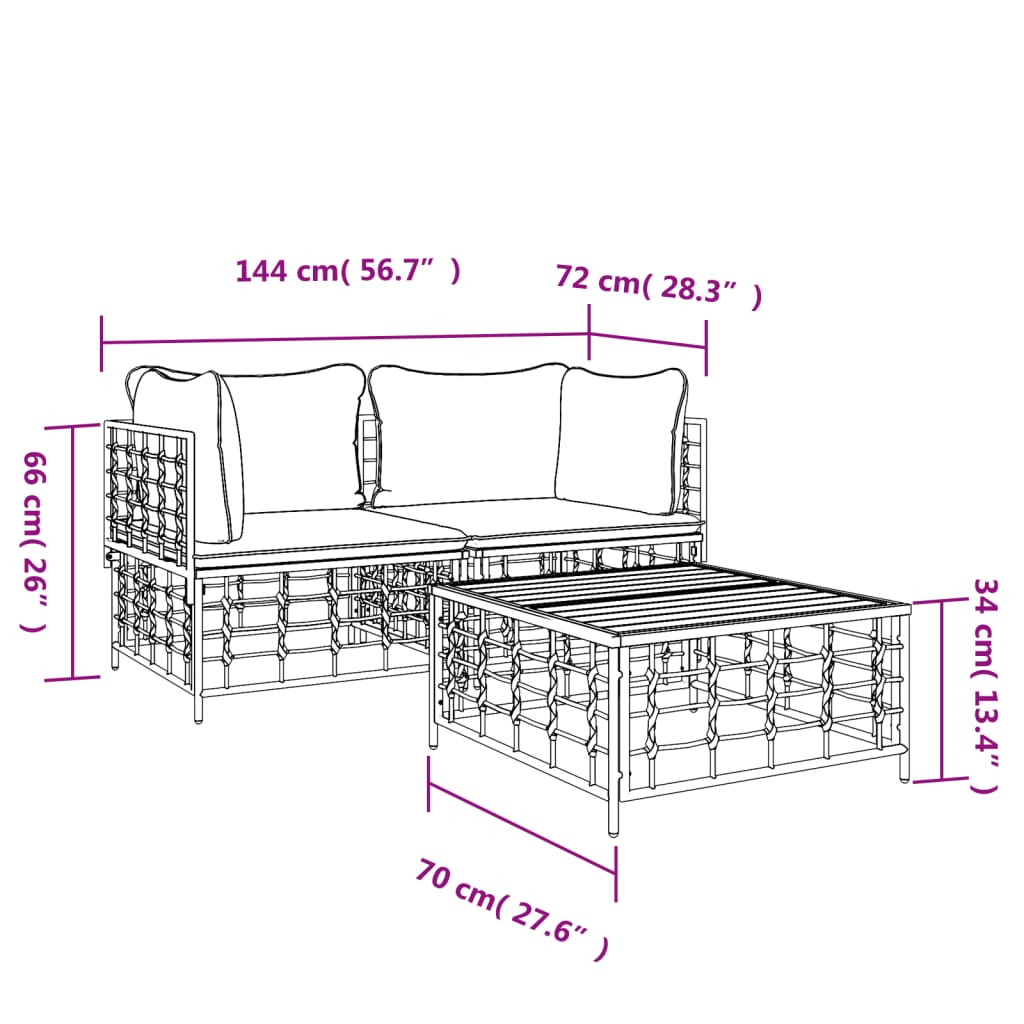 vidaXL 3-tlg. Garten-Lounge-Set mit Kissen Anthrazit Poly Rattan