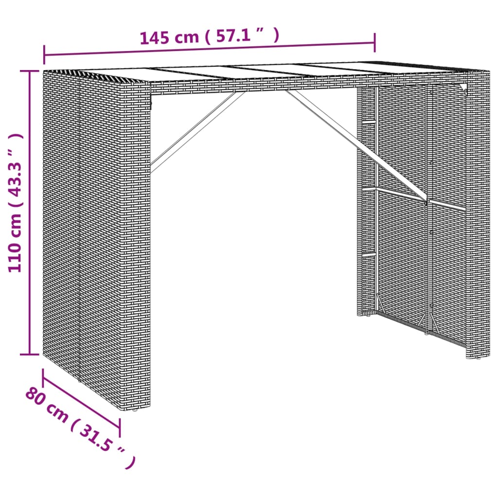 vidaXL Bartisch mit Glasplatte Schwarz 145x80x110 cm Poly Rattan