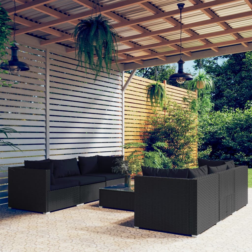 vidaXL 7-tlg. Garten-Lounge-Set mit Auflagen Poly Rattan Schwarz