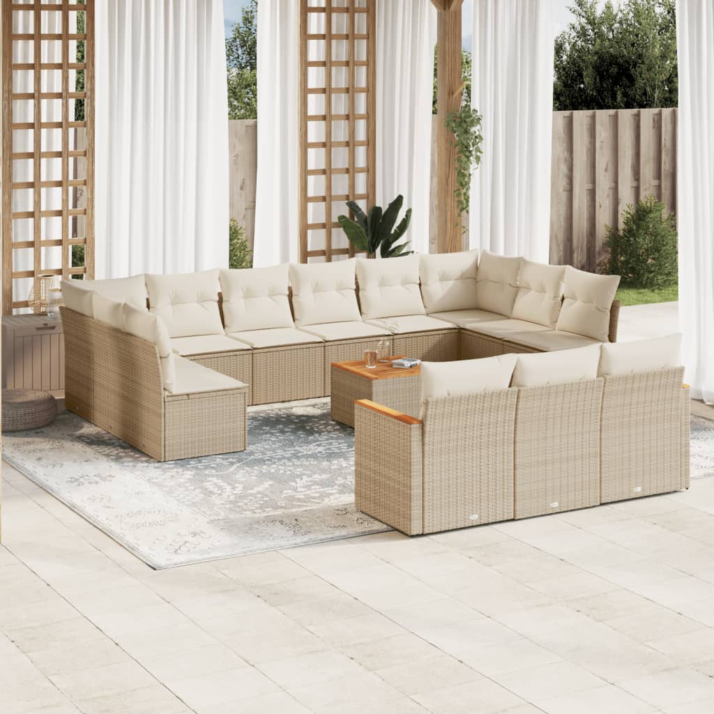 vidaXL 14-tlg. Garten-Sofagarnitur mit Kissen Beige Poly Rattan