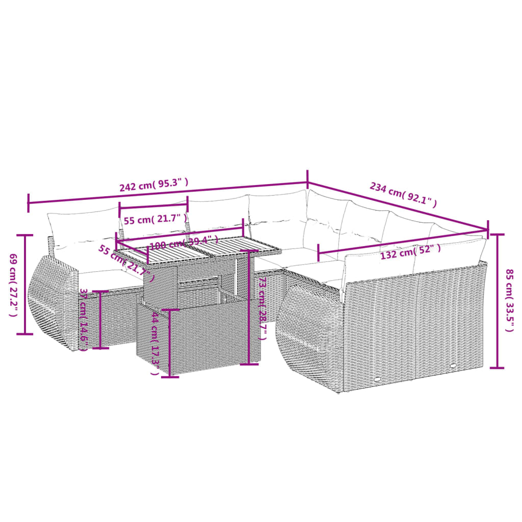 vidaXL 9-tlg. Garten-Sofagarnitur mit Kissen Schwarz Poly Rattan