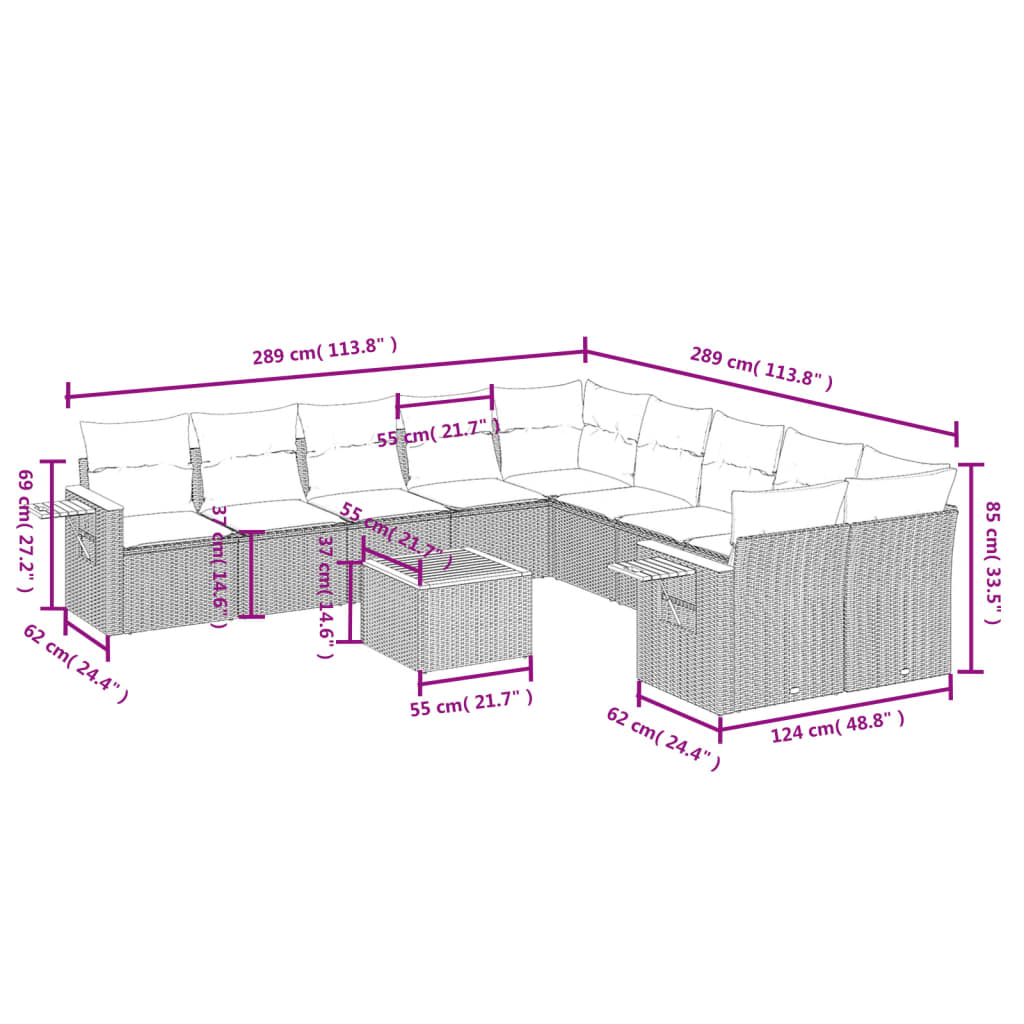 vidaXL 11-tlg. Garten-Sofagarnitur mit Kissen Schwarz Poly Rattan