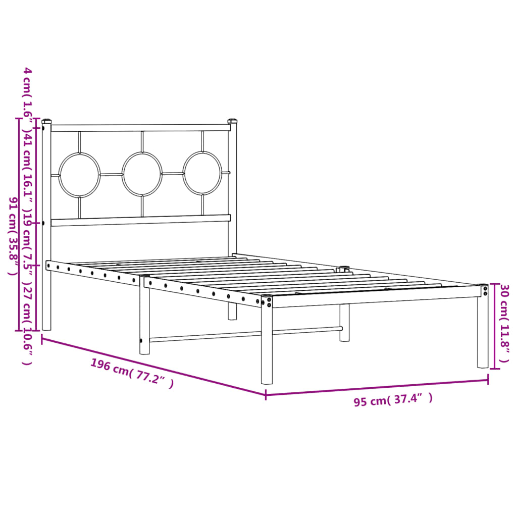 vidaXL Bettgestell mit Kopfteil Metall Schwarz 90x190 cm