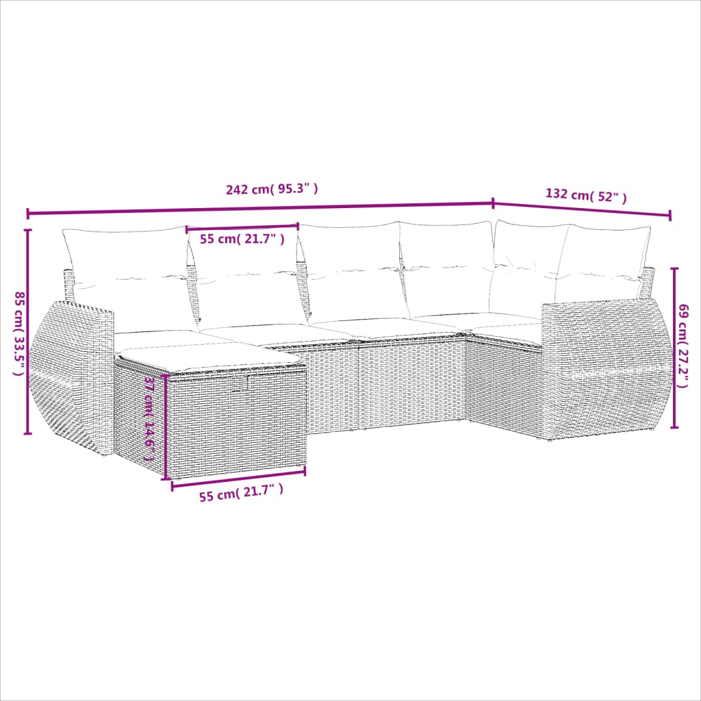 vidaXL 6-tlg. Garten-Sofagarnitur mit Kissen Schwarz Poly Rattan