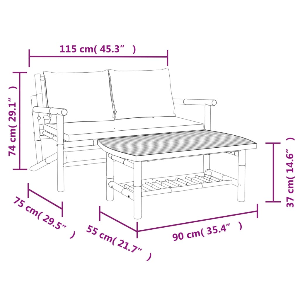 vidaXL 2-tlg. Garten-Lounge-Set mit Cremeweißen Kissen Bambus