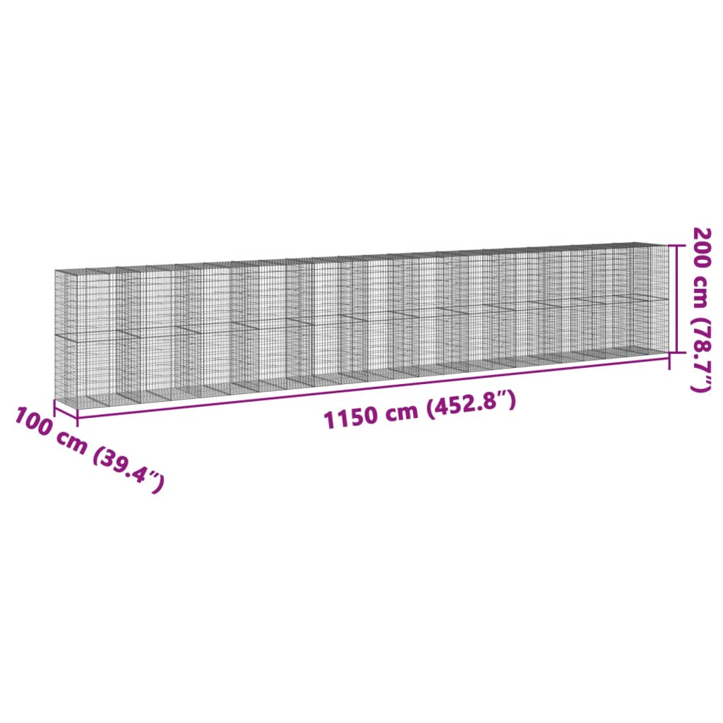 vidaXL Gabione mit Deckel 1150x100x200 cm Verzinktes Eisen