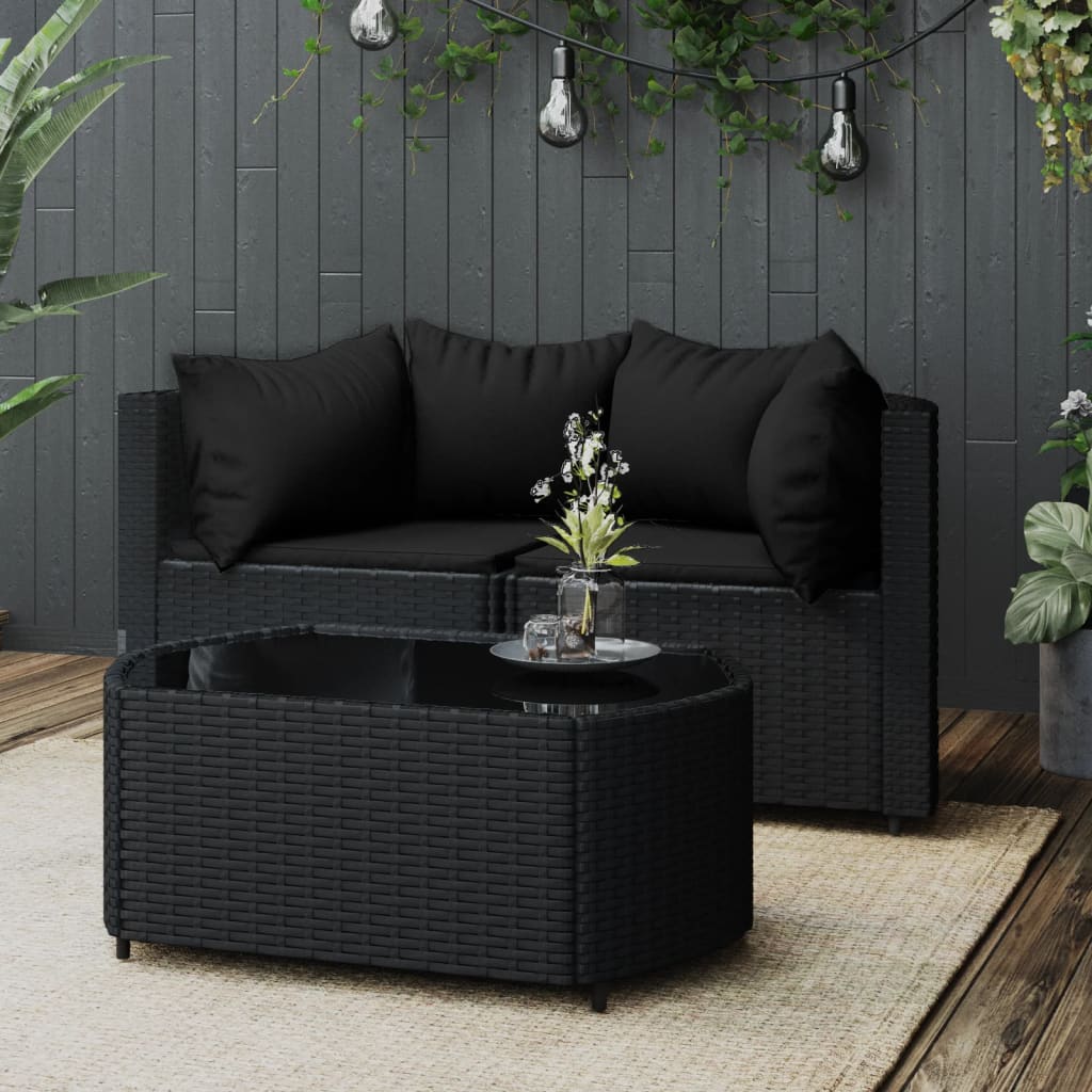 vidaXL 3-tlg. Garten-Lounge-Set mit Kissen Schwarz Poly Rattan